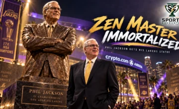 Phil Jackson pictured in a cinematic Lakers tribute graphic celebrating his upcoming Star Plaza statue and five championships with Los Angeles.