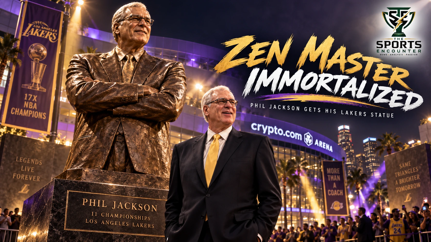 Phil Jackson pictured in a cinematic Lakers tribute graphic celebrating his upcoming Star Plaza statue and five championships with Los Angeles.