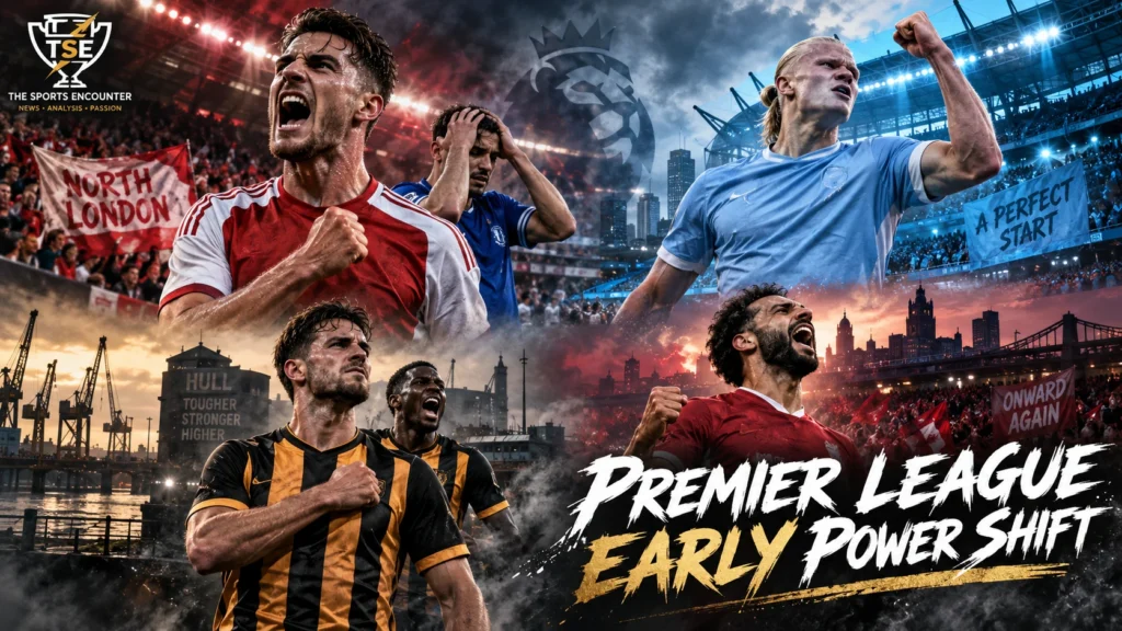 Premier League players in action as Arsenal beat Chelsea, Manchester City stay perfect, Hull City rise to third, and Liverpool earn their first win.