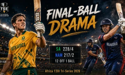 Namibia chase South Africa’s 229 target in the final over after Lhuan-dre Pretorius’ maiden T20I century, with Zimbabwe’s qualification for the 2026 FNB T20 Tri-Series final hanging on the result.