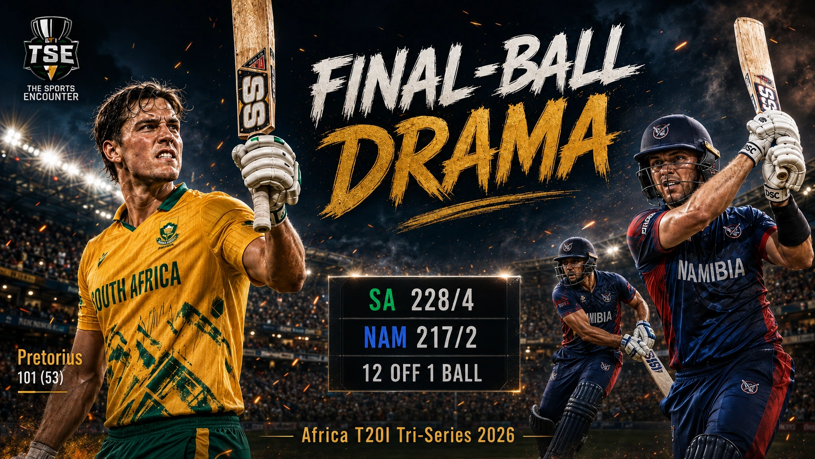 Namibia chase South Africa’s 229 target in the final over after Lhuan-dre Pretorius’ maiden T20I century, with Zimbabwe’s qualification for the 2026 FNB T20 Tri-Series final hanging on the result.
