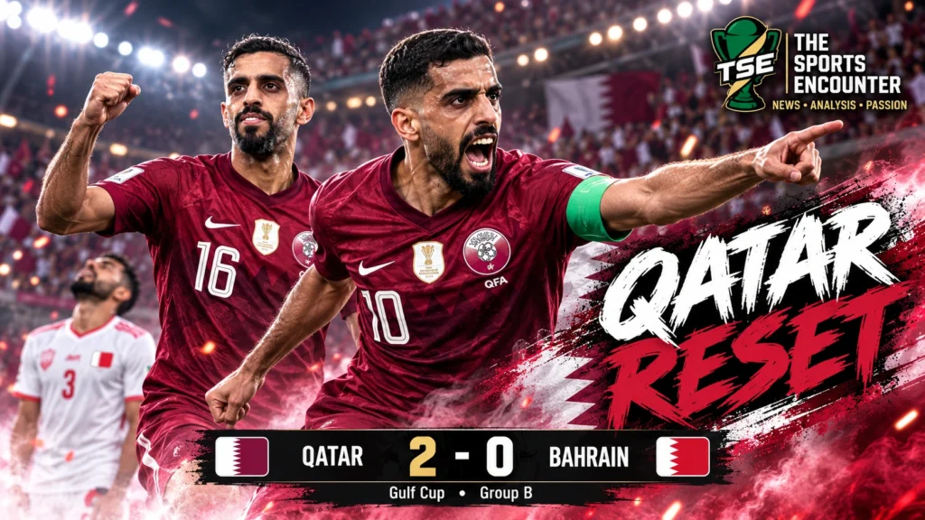 Boualem Khoukhi and Hassan Al-Haydos celebrate Qatar’s 2-0 Gulf Cup 27 Group B victory over defending champions Bahrain in Jeddah.