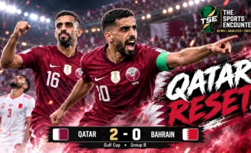 Boualem Khoukhi and Hassan Al-Haydos celebrate Qatar’s 2-0 Gulf Cup 27 Group B victory over defending champions Bahrain in Jeddah.