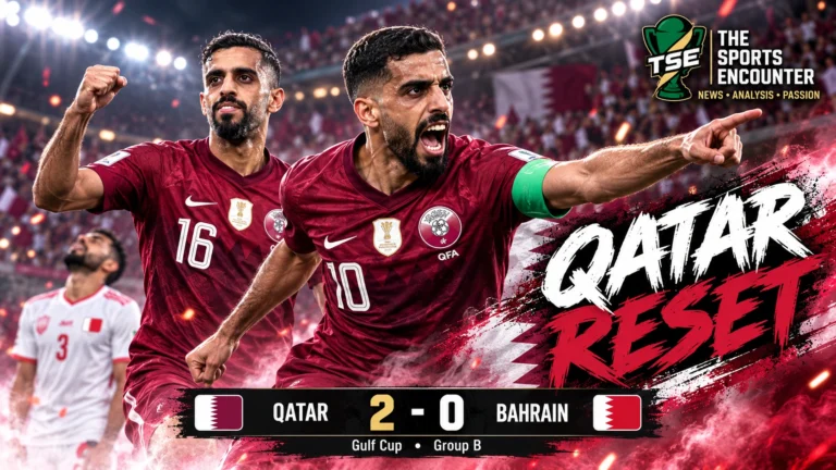 Boualem Khoukhi and Hassan Al-Haydos celebrate Qatar’s 2-0 Gulf Cup 27 Group B victory over defending champions Bahrain in Jeddah.