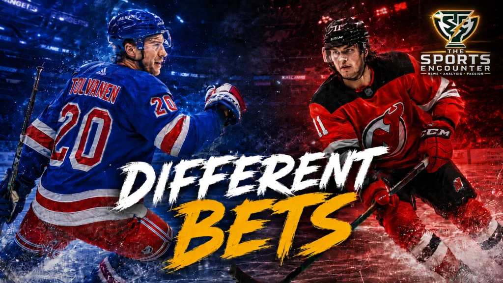 Eeli Tolvanen and Luke Evangelista featured in an NHL roster-building graphic comparing the Rangers’ low-risk signing with the Devils’ higher-upside trade.