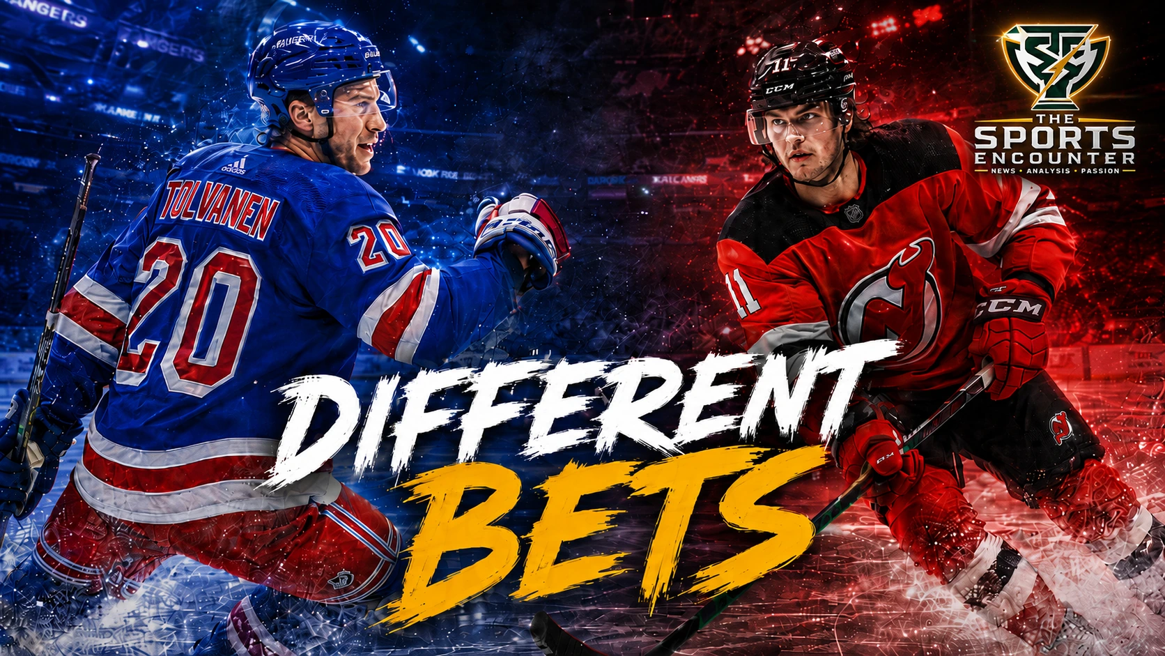 Eeli Tolvanen and Luke Evangelista featured in an NHL roster-building graphic comparing the Rangers’ low-risk signing with the Devils’ higher-upside trade.