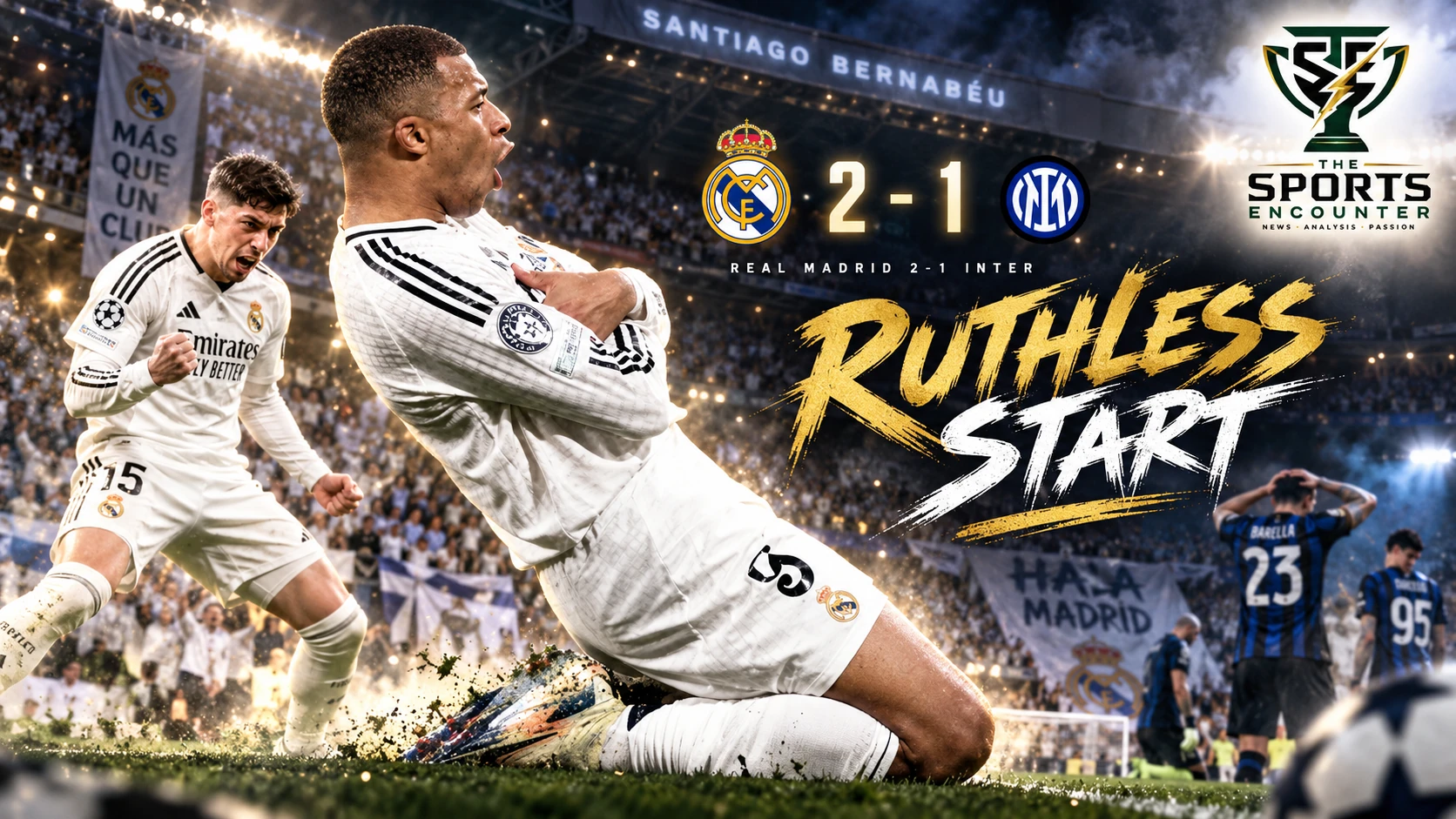 Kylian Mbappé and Federico Valverde celebrate for Real Madrid after their 2-1 Champions League victory over Inter at the Santiago Bernabéu.