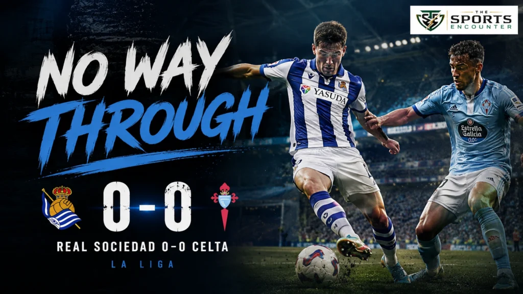 Real Sociedad and Celta Vigo players featured in a cinematic LaLiga graphic after their 0-0 draw at Anoeta, where Sociedad recorded 17 shots and 11 corners without scoring.