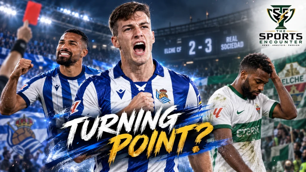 Luka Sučić celebrates Real Sociedad’s 90th-minute winner against Elche after the visitors held on for a dramatic 3-2 La Liga victory with 10 men.