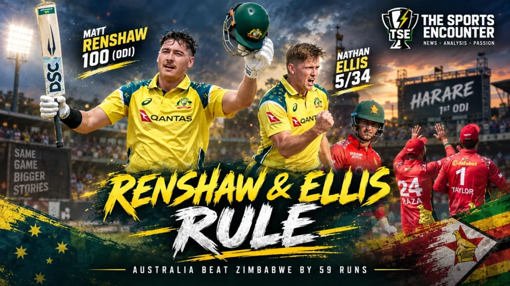 Matt Renshaw celebrates his maiden ODI century as Nathan Ellis leads Australia's bowling attack during the 59-run first ODI victory over Zimbabwe in Harare.