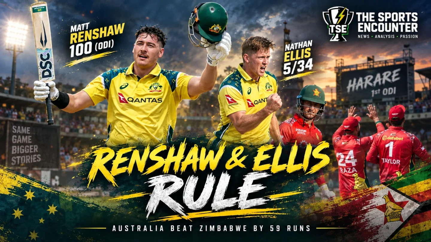 Matt Renshaw celebrates his maiden ODI century as Nathan Ellis leads Australia's bowling attack during the 59-run first ODI victory over Zimbabwe in Harare.