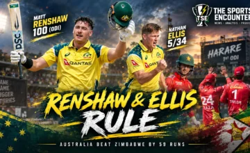Matt Renshaw celebrates his maiden ODI century as Nathan Ellis leads Australia's bowling attack during the 59-run first ODI victory over Zimbabwe in Harare.