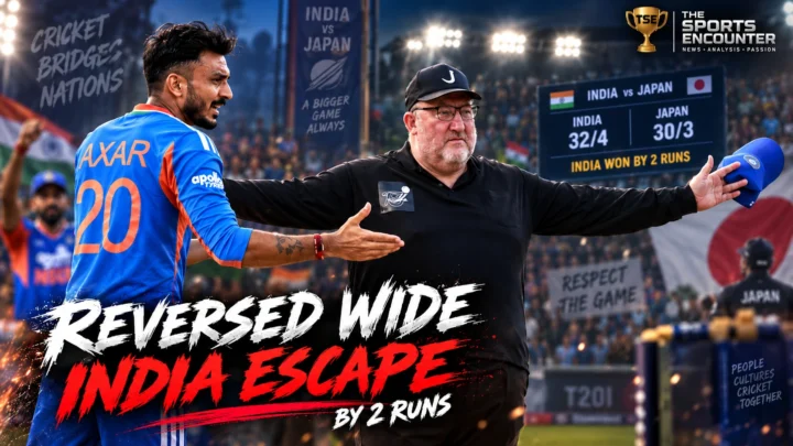 Shreyas Iyer and Axar Patel appeal during the disputed final-over wide as Japan push India to a two-run finish in Sano.