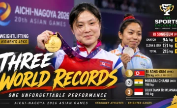 Ri Song-gum celebrates after breaking the women’s 49kg snatch, clean and jerk and total world records to win weightlifting gold at the 2026 Asian Games in Nagoya.