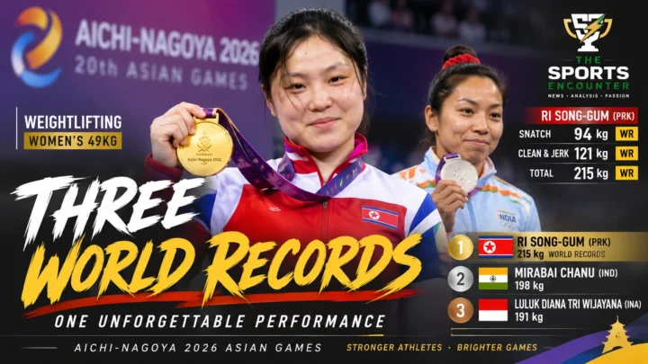 Ri Song-gum celebrates after breaking the women’s 49kg snatch, clean and jerk and total world records to win weightlifting gold at the 2026 Asian Games in Nagoya.