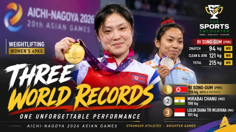 Ri Song-gum celebrates after breaking the women’s 49kg snatch, clean and jerk and total world records to win weightlifting gold at the 2026 Asian Games in Nagoya.