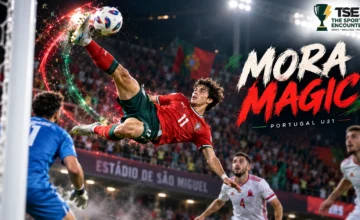 Rodrigo Mora scores a spectacular bicycle kick for Portugal U21 against Gibraltar during UEFA European Under-21 Championship qualifying at Estádio de São Miguel.