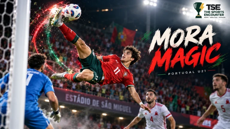 Rodrigo Mora scores a spectacular bicycle kick for Portugal U21 against Gibraltar during UEFA European Under-21 Championship qualifying at Estádio de São Miguel.