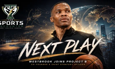Russell Westbrook featured in a cinematic Project B basketball graphic highlighting his move from NBA superstar to co-founder and chief strategy officer of the player-owned global league.