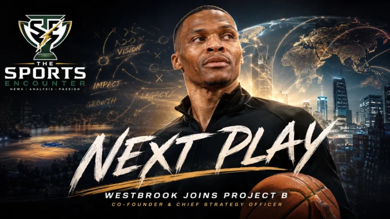 Russell Westbrook featured in a cinematic Project B basketball graphic highlighting his move from NBA superstar to co-founder and chief strategy officer of the player-owned global league.