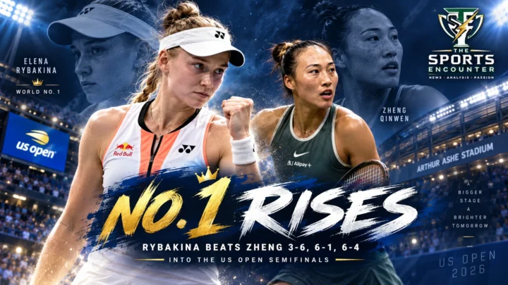 Elena Rybakina celebrates after defeating Zheng Qinwen in three sets to reach the 2026 US Open semifinals and secure the World No. 1 ranking.