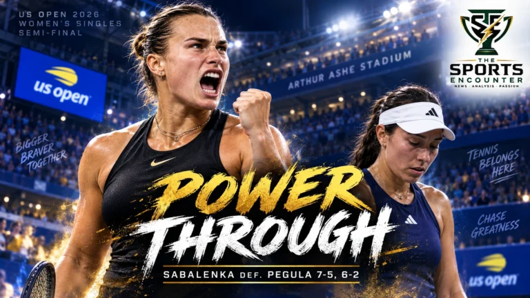 Aryna Sabalenka celebrates after defeating Jessica Pegula in the 2026 US Open women’s semifinal at Arthur Ashe Stadium.