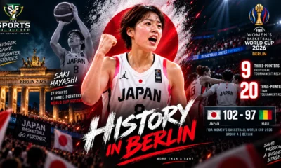 Saki Hayashi celebrates during Japan’s FIBA Women’s Basketball World Cup 2026 win over Mali after setting the single-game three-point record.
