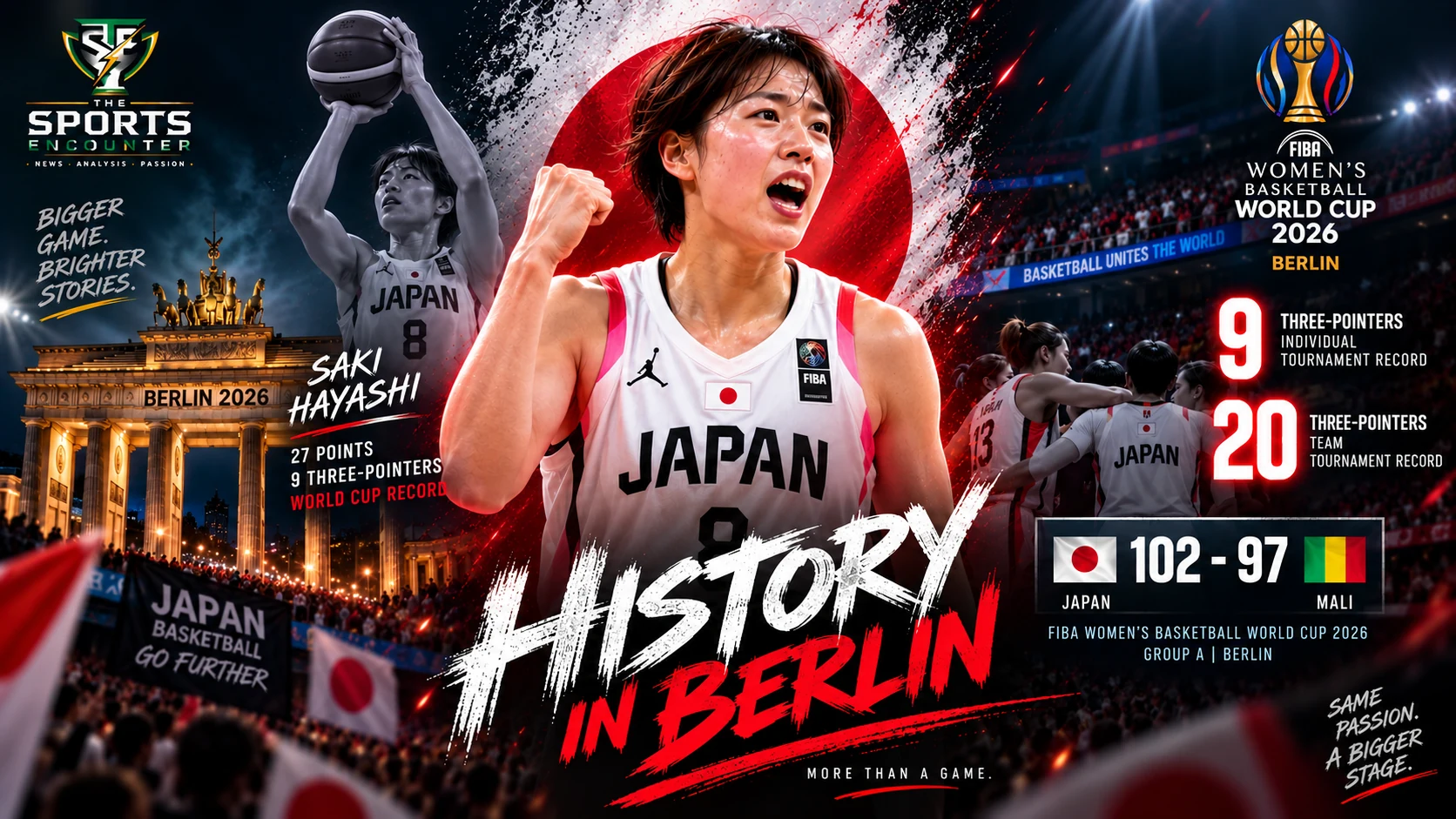 Saki Hayashi celebrates during Japan’s FIBA Women’s Basketball World Cup 2026 win over Mali after setting the single-game three-point record.