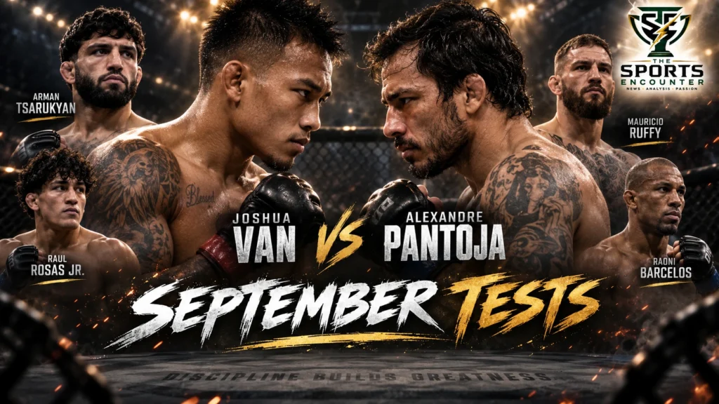 Joshua Van, Alexandre Pantoja, Arman Tsarukyan, Mauricio Ruffy, Raul Rosas Jr. and Raoni Barcelos featured in a cinematic preview graphic for UFC 331 and UFC Fight Night.
