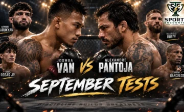 Joshua Van, Alexandre Pantoja, Arman Tsarukyan, Mauricio Ruffy, Raul Rosas Jr. and Raoni Barcelos featured in a cinematic preview graphic for UFC 331 and UFC Fight Night.