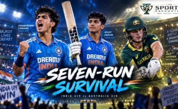 Yashbardhan Chauhan and Anvay Dravid celebrate for India Under-19s as Australia captain Jack Czosnek leads the chase during the first Youth ODI at Rajkot.