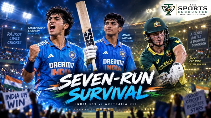 Yashbardhan Chauhan and Anvay Dravid celebrate for India Under-19s as Australia captain Jack Czosnek leads the chase during the first Youth ODI at Rajkot.