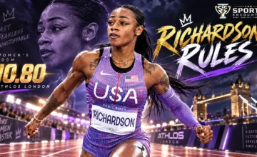 Sha'Carri Richardson celebrates after winning the ATHLOS London women's 100m in a meeting-record 10.80 seconds at StoneX Stadium.