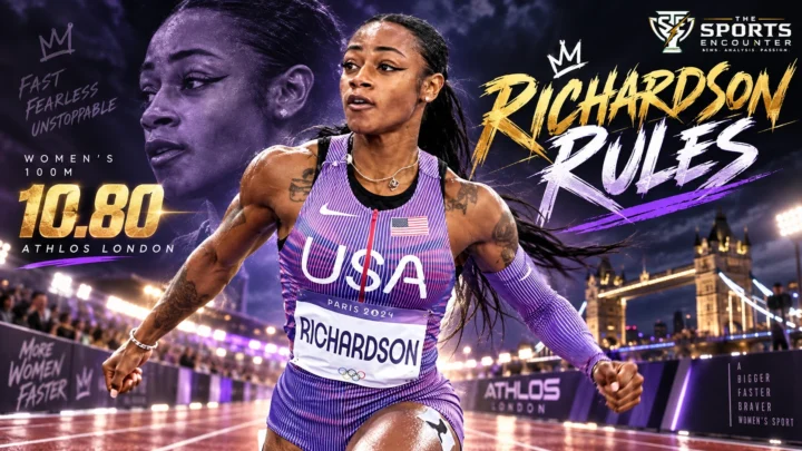 Sha'Carri Richardson celebrates after winning the ATHLOS London women's 100m in a meeting-record 10.80 seconds at StoneX Stadium.