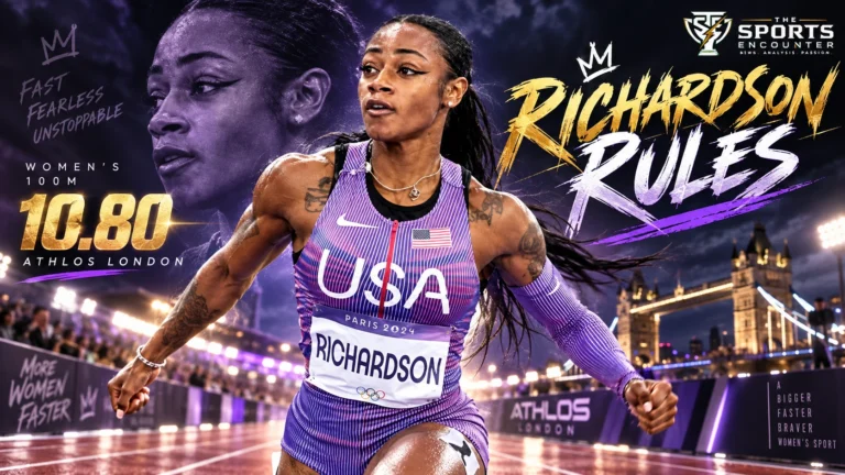 Sha'Carri Richardson celebrates after winning the ATHLOS London women's 100m in a meeting-record 10.80 seconds at StoneX Stadium.