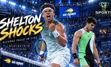Ben Shelton celebrates after defeating defending champion Carlos Alcaraz in a five-set US Open quarterfinal thriller at Arthur Ashe Stadium.