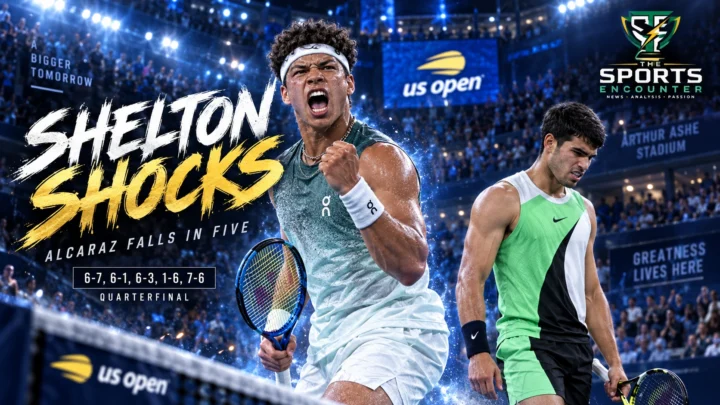 Ben Shelton celebrates after defeating defending champion Carlos Alcaraz in a five-set US Open quarterfinal thriller at Arthur Ashe Stadium.