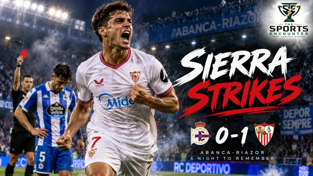 Miguel Sierra celebrates Sevilla’s winning goal against Deportivo de La Coruña in a 1-0 La Liga victory at ABANCA-Riazor.