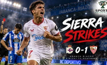 Miguel Sierra celebrates Sevilla’s winning goal against Deportivo de La Coruña in a 1-0 La Liga victory at ABANCA-Riazor.