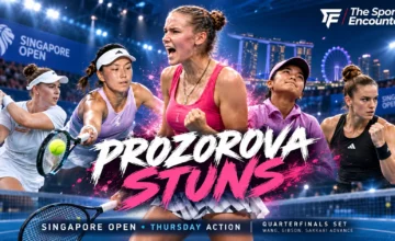 Tatiana Prozorova celebrates her three-set Singapore Open upset of Alexandra Eala alongside Thursday quarterfinalists Wang Xinyu, Talia Gibson and Maria Sakkari.