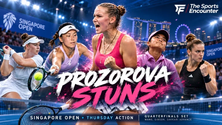 Tatiana Prozorova celebrates her three-set Singapore Open upset of Alexandra Eala alongside Thursday quarterfinalists Wang Xinyu, Talia Gibson and Maria Sakkari.