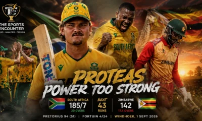 Lhuan-dre Pretorius and Bjorn Fortuin celebrate South Africa’s 43-run win over Zimbabwe in the Namibia T20I Tri-Series in Windhoek.