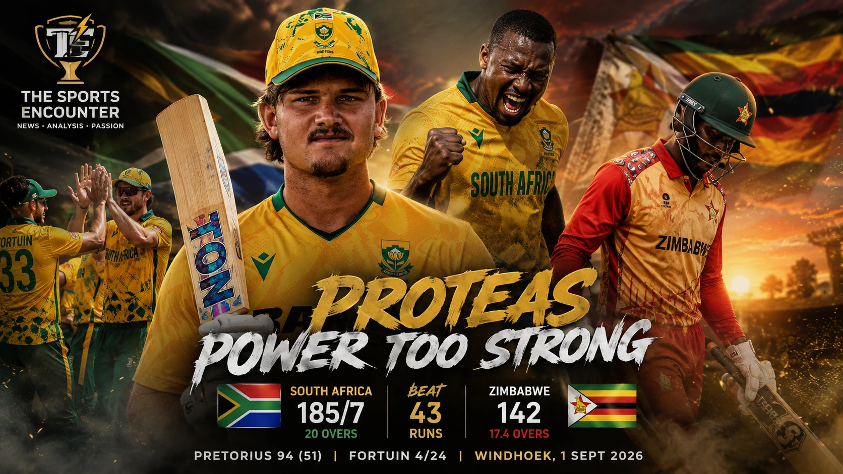 Lhuan-dre Pretorius and Bjorn Fortuin celebrate South Africa’s 43-run win over Zimbabwe in the Namibia T20I Tri-Series in Windhoek.