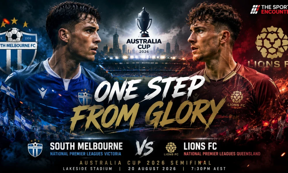 South Melbourne and Lions FC players facing off in a cinematic Australia Cup 2026 semifinal graphic at Lakeside Stadium.
