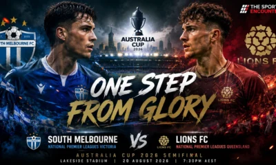 South Melbourne and Lions FC players facing off in a cinematic Australia Cup 2026 semifinal graphic at Lakeside Stadium.