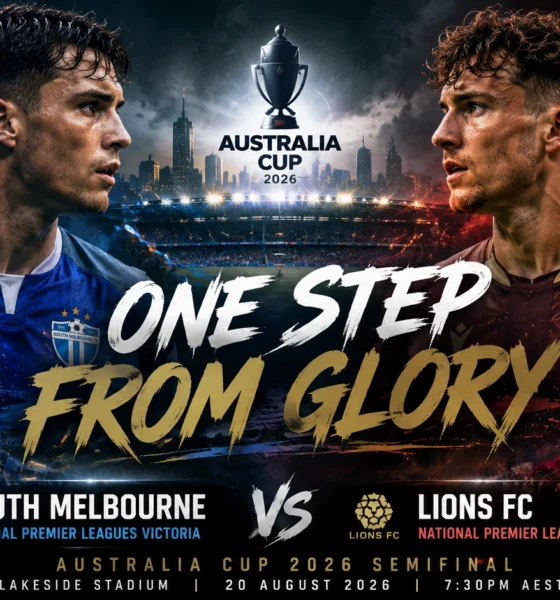 South Melbourne and Lions FC players facing off in a cinematic Australia Cup 2026 semifinal graphic at Lakeside Stadium.