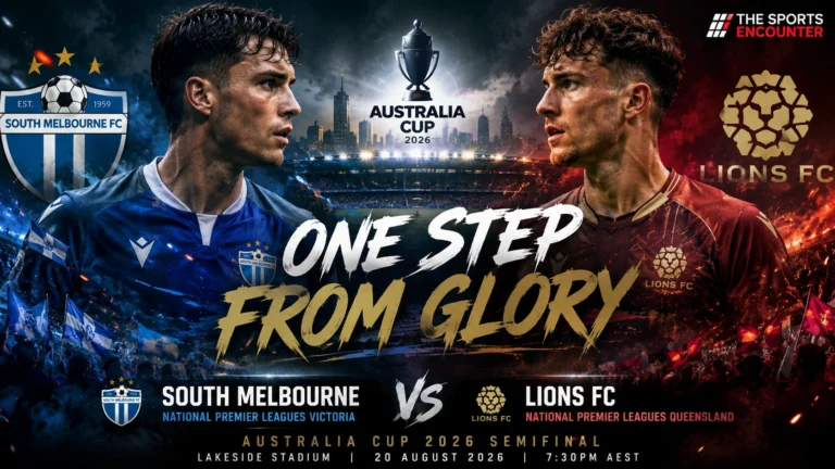 South Melbourne and Lions FC players facing off in a cinematic Australia Cup 2026 semifinal graphic at Lakeside Stadium.