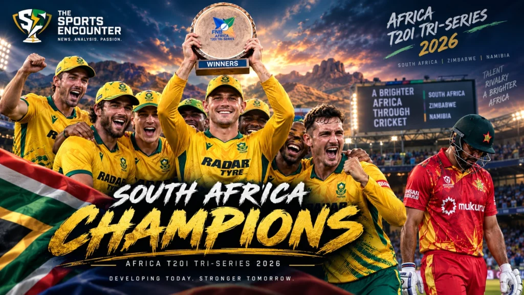 South Africa players celebrate winning the 2026 Africa T20I Tri-Series in Windhoek after beating Zimbabwe by 48 runs in the final.