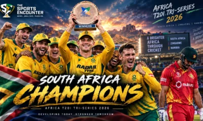 South Africa players celebrate winning the 2026 Africa T20I Tri-Series in Windhoek after beating Zimbabwe by 48 runs in the final.