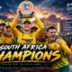 South Africa players celebrate winning the 2026 Africa T20I Tri-Series in Windhoek after beating Zimbabwe by 48 runs in the final.